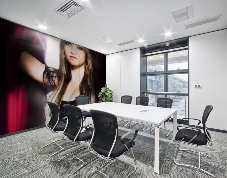 Female performer behind the stage curtain light Wall Printing