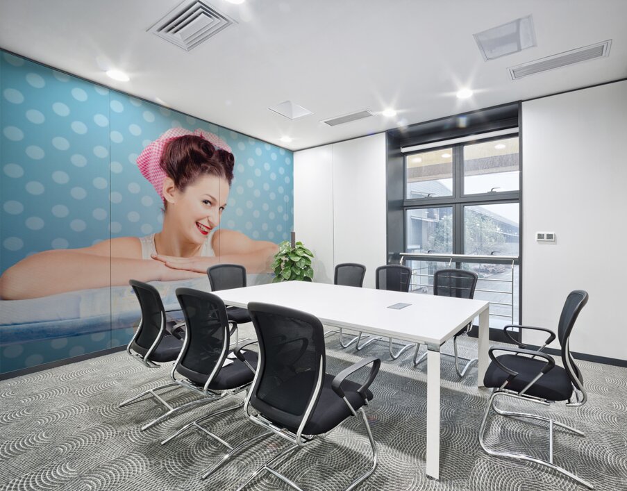 Happy 60s pinup housewife on blue ironing board Wall Printing