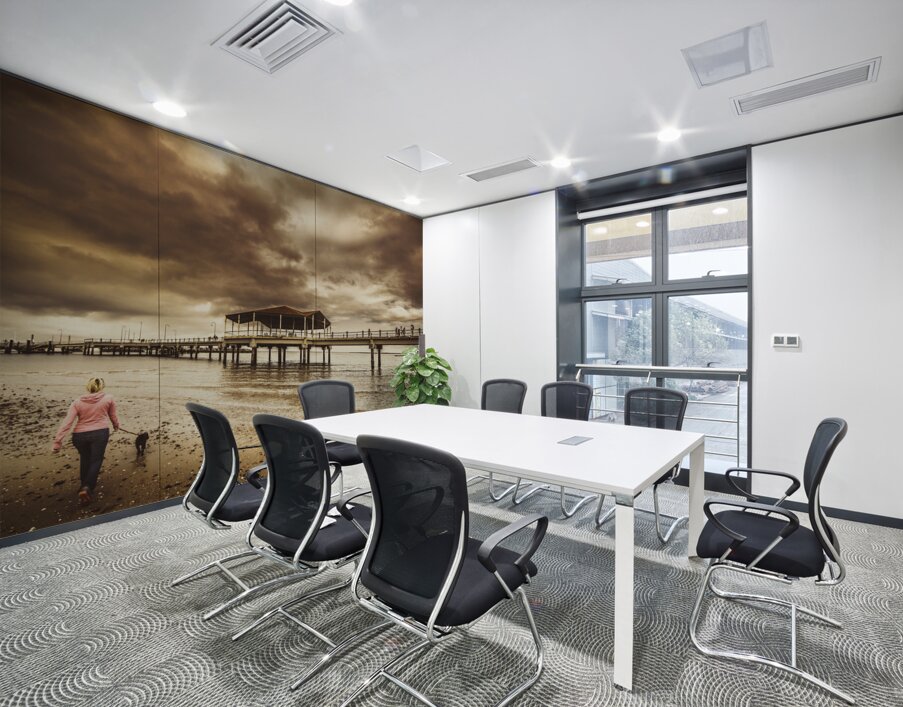 Woman walking dog on stormy beach Wall Printing