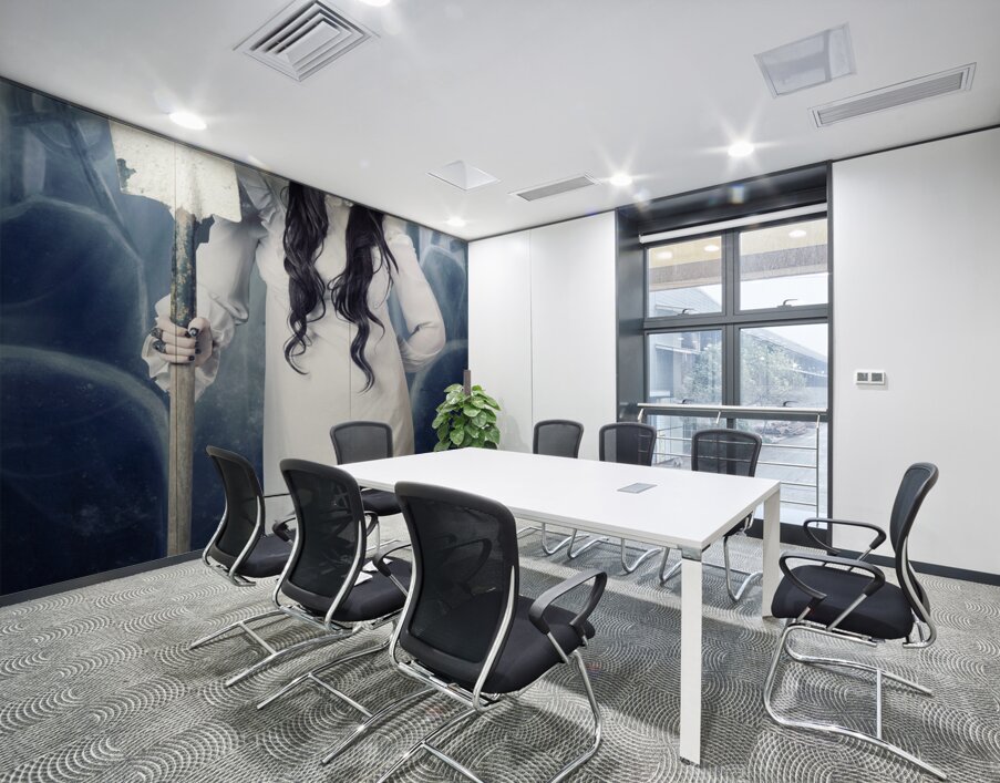 Spooky witch gravedigger with spade in graveyard Wall Printing