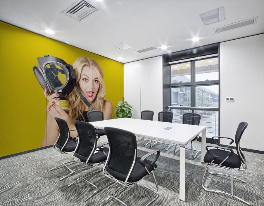Woman in fear holding gas mask on white background Wall Printing
