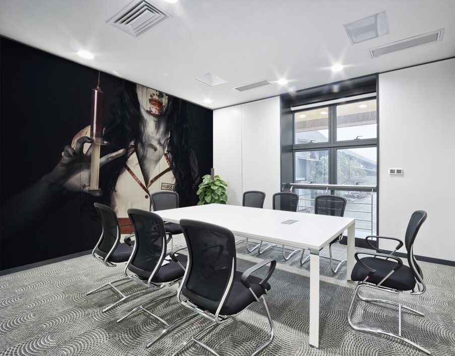 Zombie nurse holding bloody euthanasia syringe Wall Printing