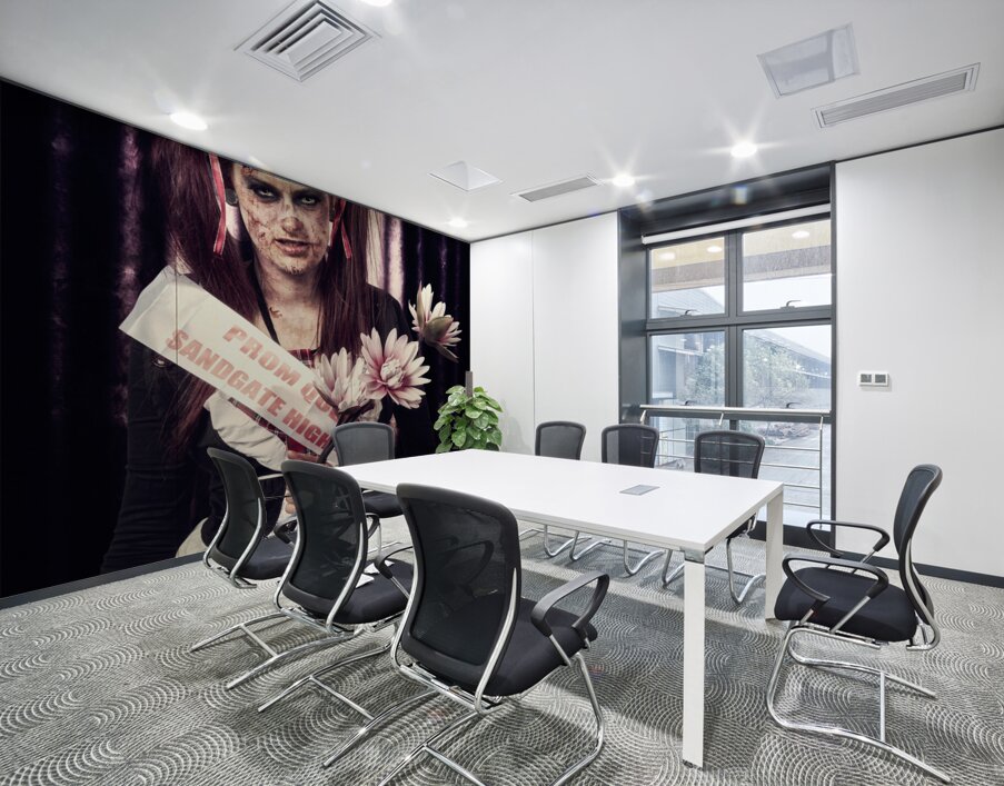 Evil zombie prom queen holding flowers on stage Wall Printing