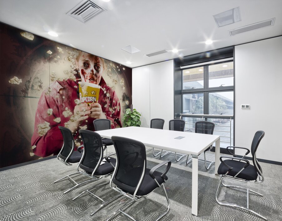 Creepy possessed girl watching horror movie Wall Printing