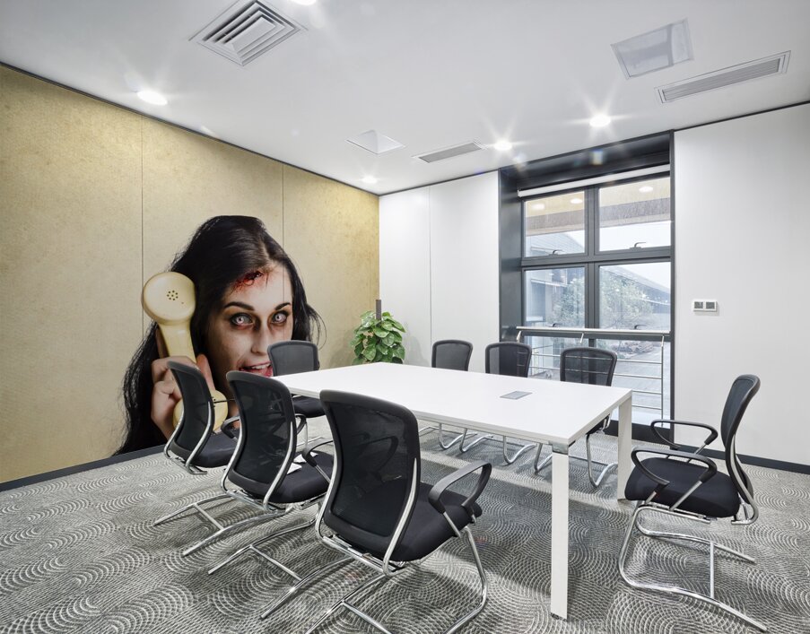 Funny zombie employee with dead phone line Wall Printing