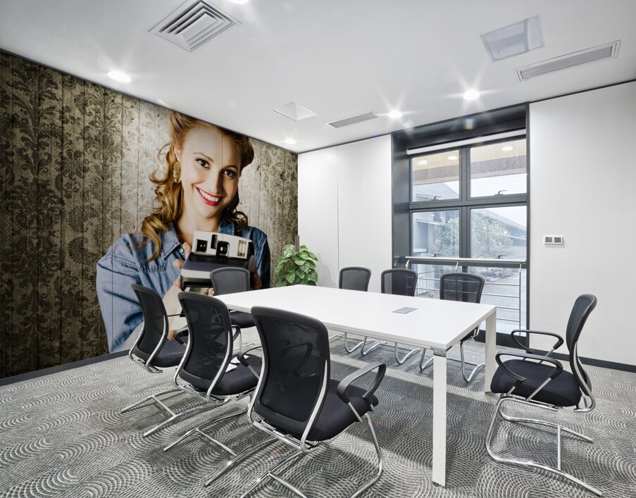 Smiling Young Vintage Girl Taking Polaroid Photo Wall Printing