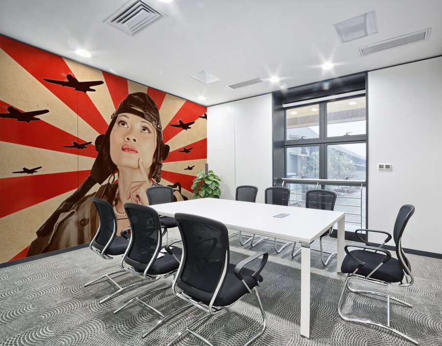 Retro asian pinup girl. War planes of revolution Wall Printing