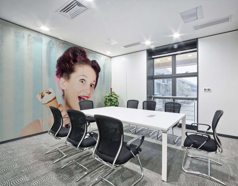 Cool pin-up woman in cold freezer with ice-cream Wall Printing