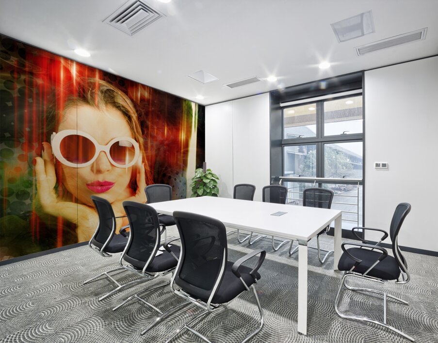 Young retro woman listening to earphones Wall Printing