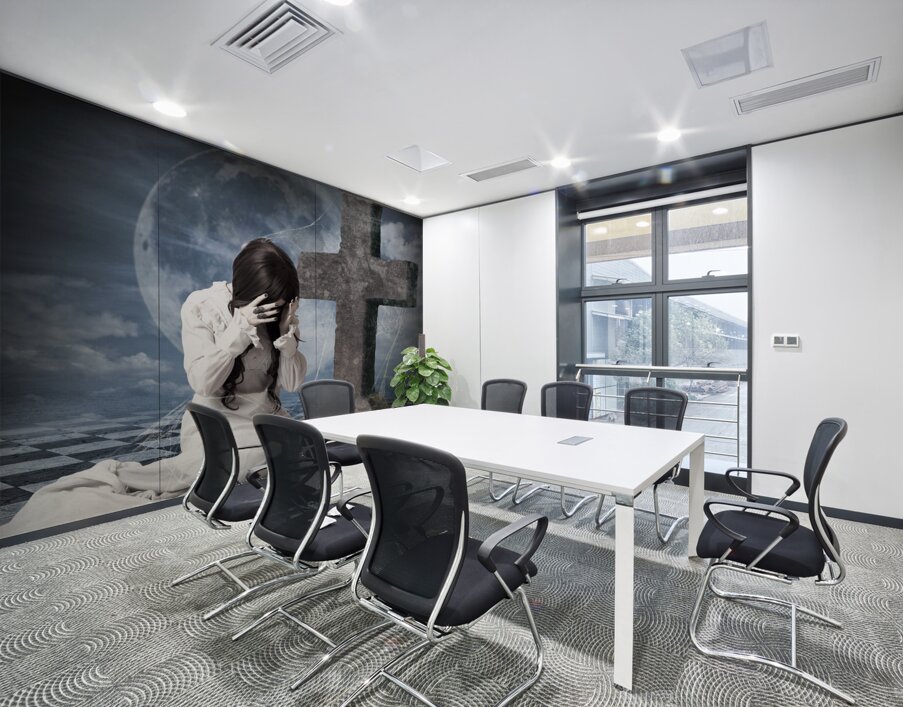 Grieving gothic girl crying next to gravestone Wall Printing
