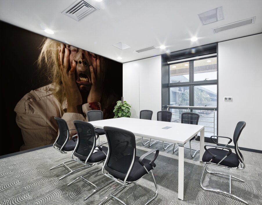 Facing dark horror. Dying zombie screaming in fear Wall Printing