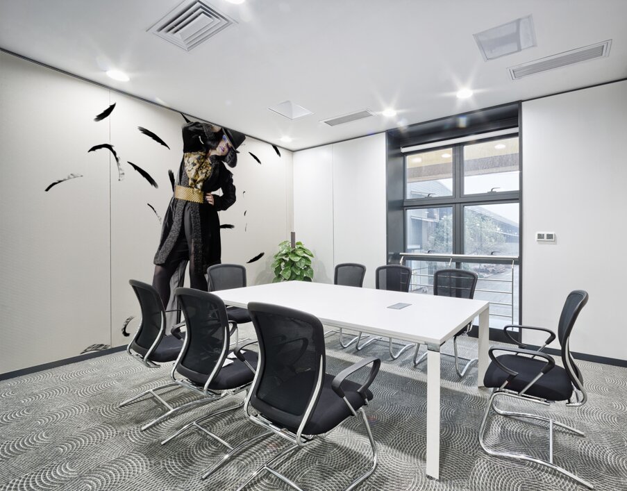 Entertainer dancing among falling feathers Wall Printing