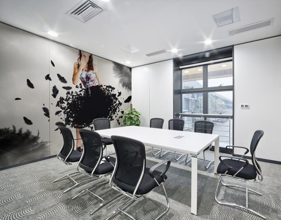 Brunette pin-up woman in gorgeous feather skirt Wall Printing