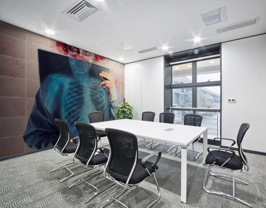 Scary clown peeking behind x-ray. Funny bones Wall Printing