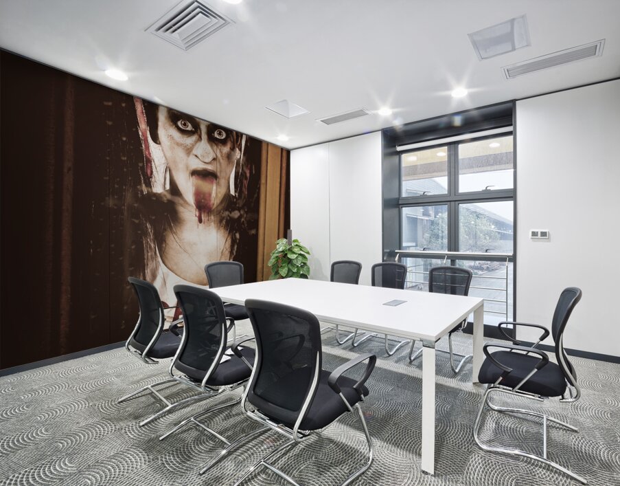 Zombie school girl pulling a funny face on glass Wall Printing