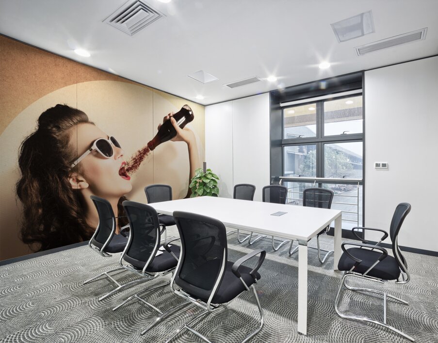 Young pinup woman in sunglasses drinking soda Wall Printing