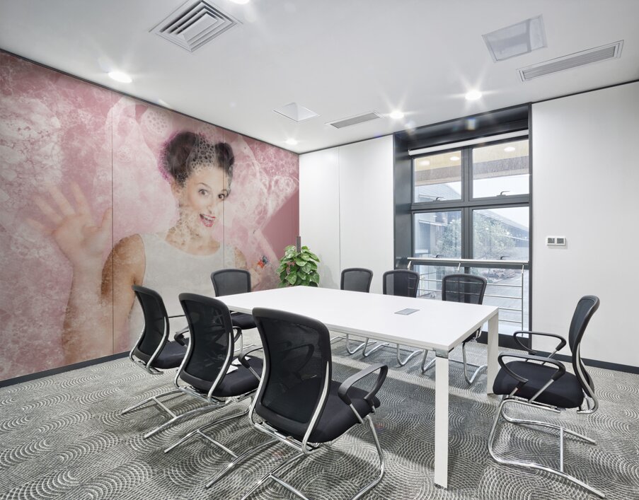 Retro window cleaning girl looking at clean glass Wall Printing