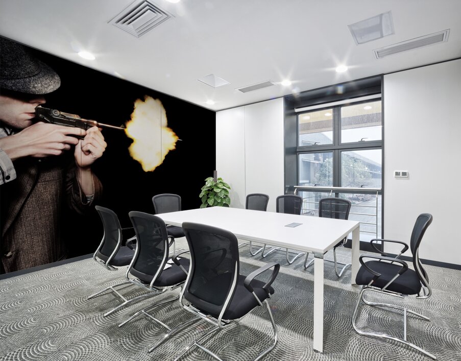 Vintage Gangster Man Shooting Gun On Black Wall Printing