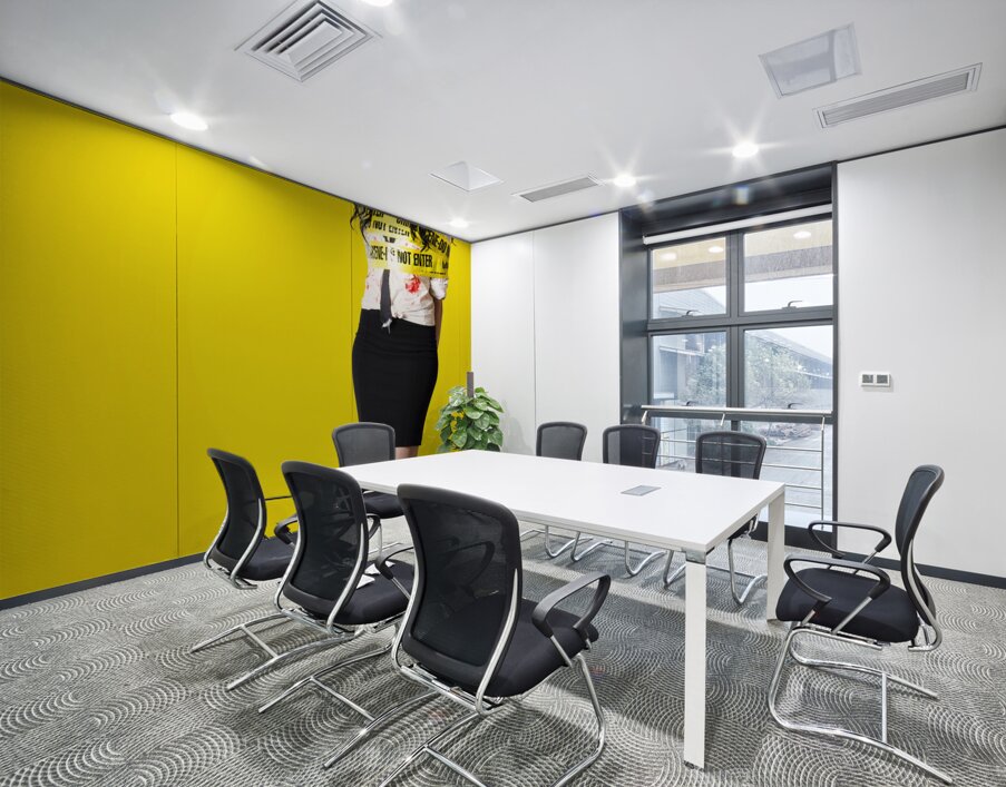 Creepy homicide girl standing undead on yellow Wall Printing