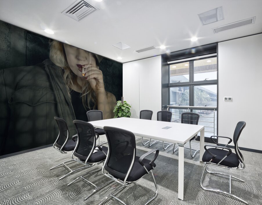 Female pinup soldier smoking cigarette in foxhole Wall Printing
