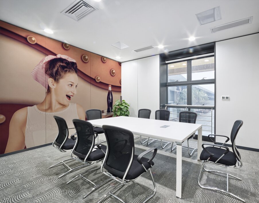 Retro pinup girl holding food and drinks tray Wall Printing