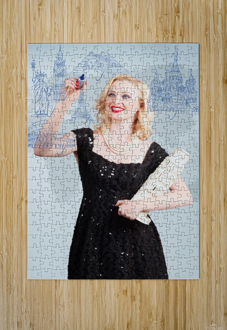 Blond woman drawing a travel landmark illustration Jorgo Puzzle printing