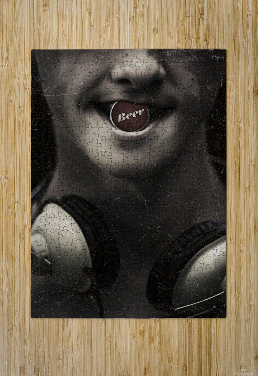 Urban man wearing headphones and beer cap in mouth Jorgo Puzzle printing