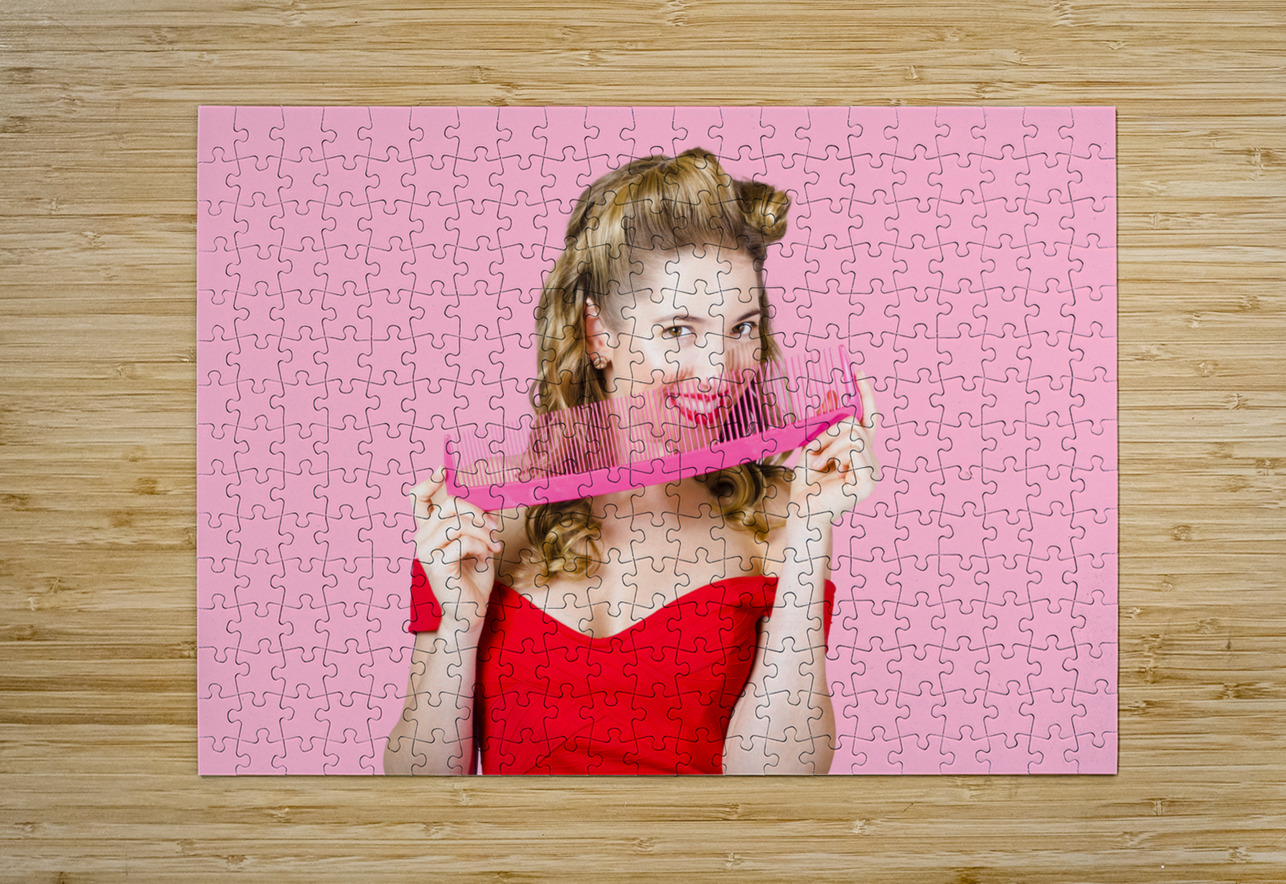 Beauty salon pinup girl smiling with haircare comb Jorgo Puzzle printing