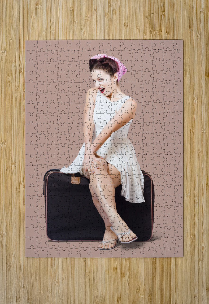 Female pinup travelling tourist sitting on luggage Jorgo Puzzle printing