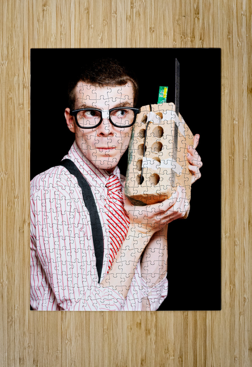 Male Nerd Inventor Holding Brick Mobile Telephone Jorgo Puzzle printing