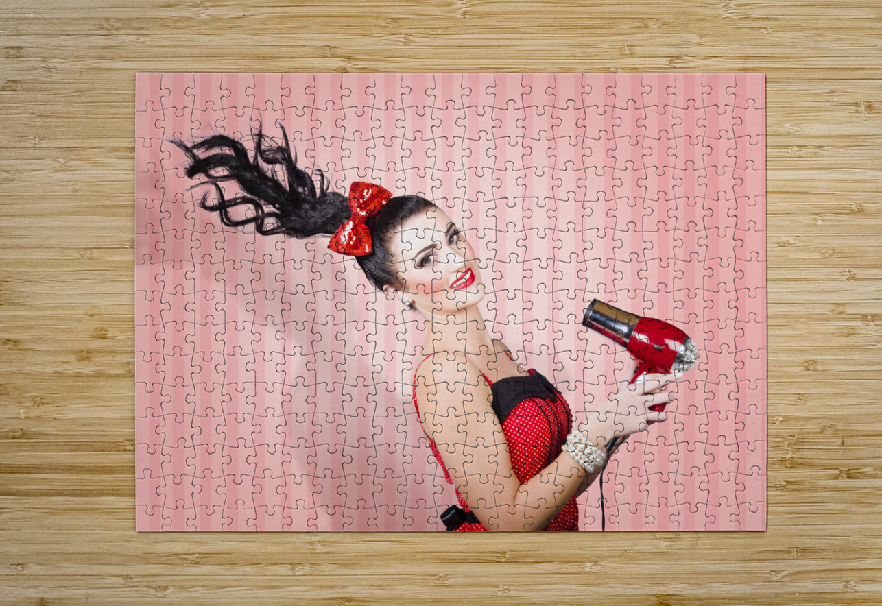 Fashion model straightening long brunette hair Jorgo Puzzle printing