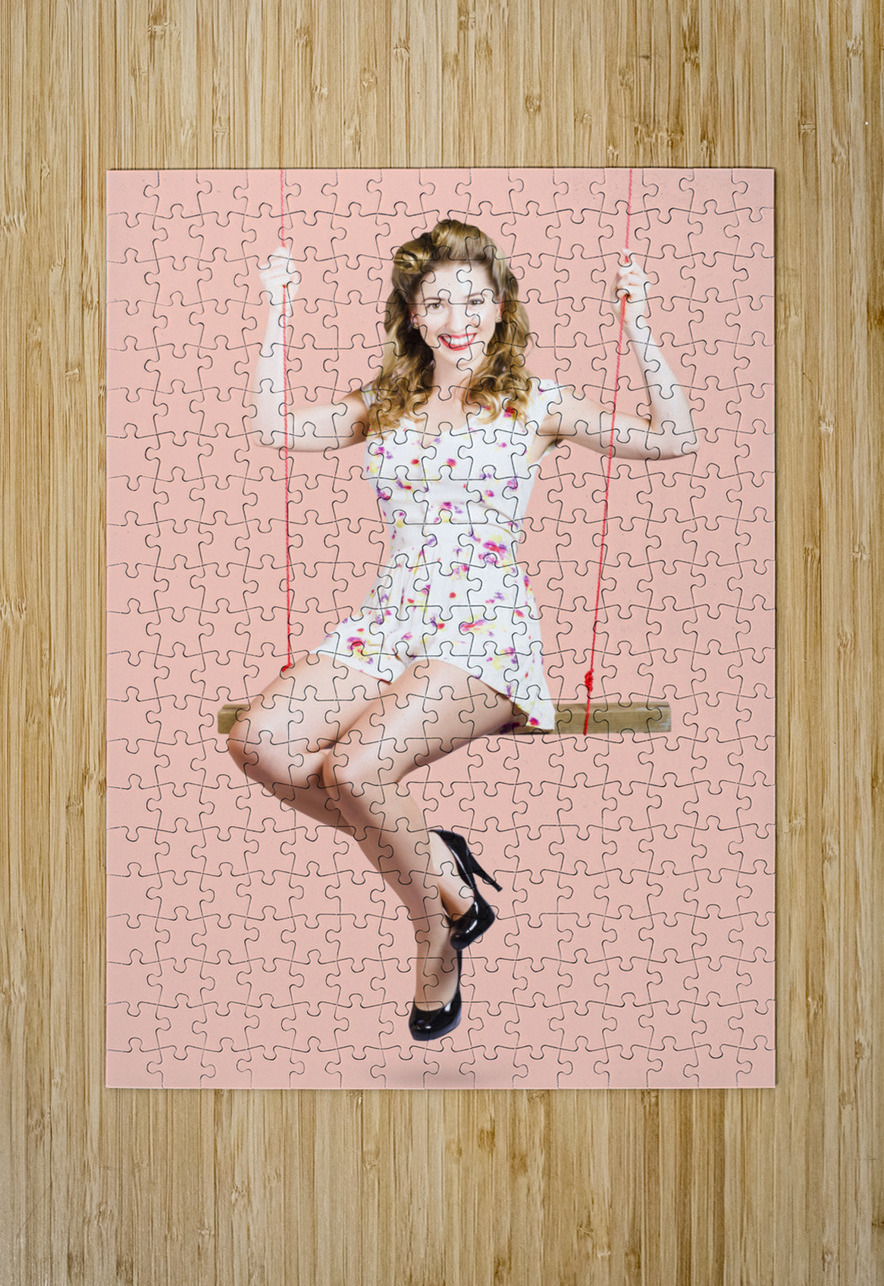 Beautiful fifties pin up girl smiling on swing Jorgo Puzzle printing