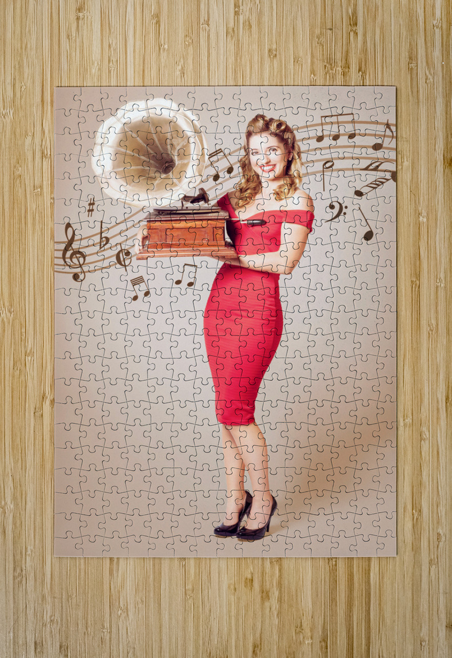 Pin-up at the disco. Vintage woman with gramophone Jorgo Puzzle printing
