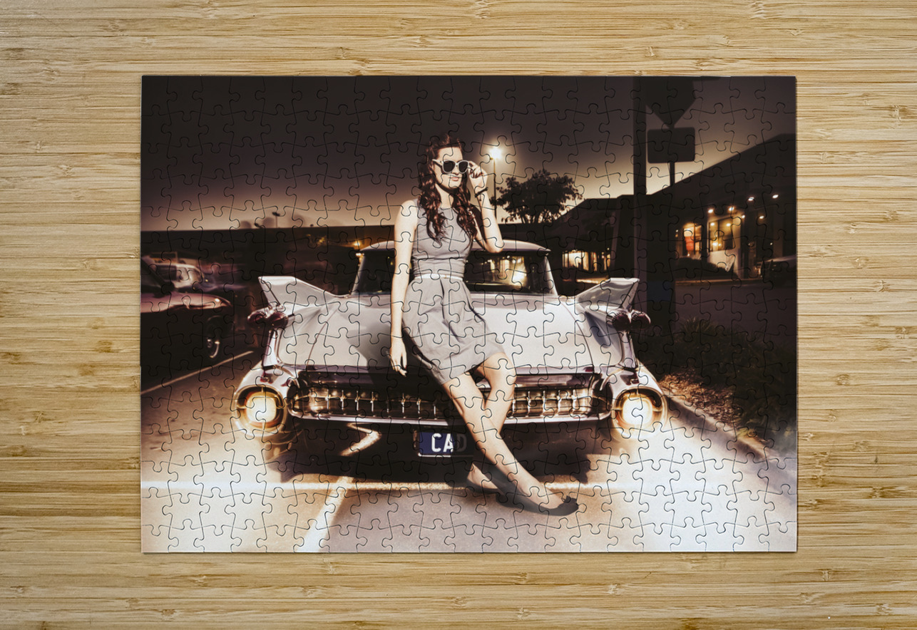 Retro Sixties Pinup Girl On Vintage Car Jorgo Puzzle printing