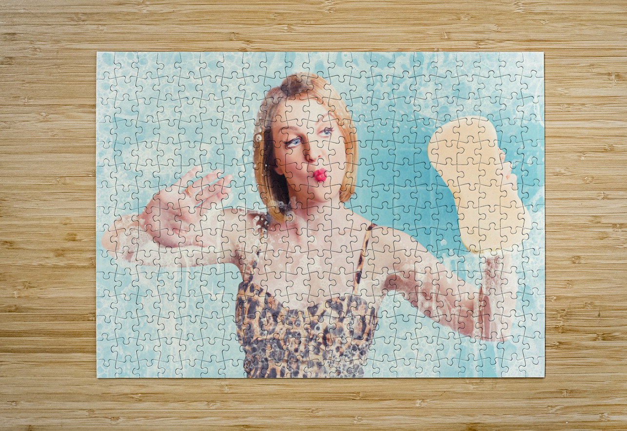 Funny pin up cleaning woman washing bathroom glass Jorgo Puzzle printing