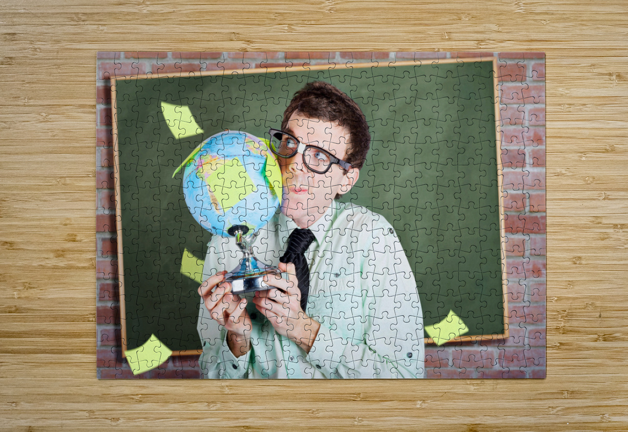 Nerd man holding earth world globe in classroom Jorgo Puzzle printing