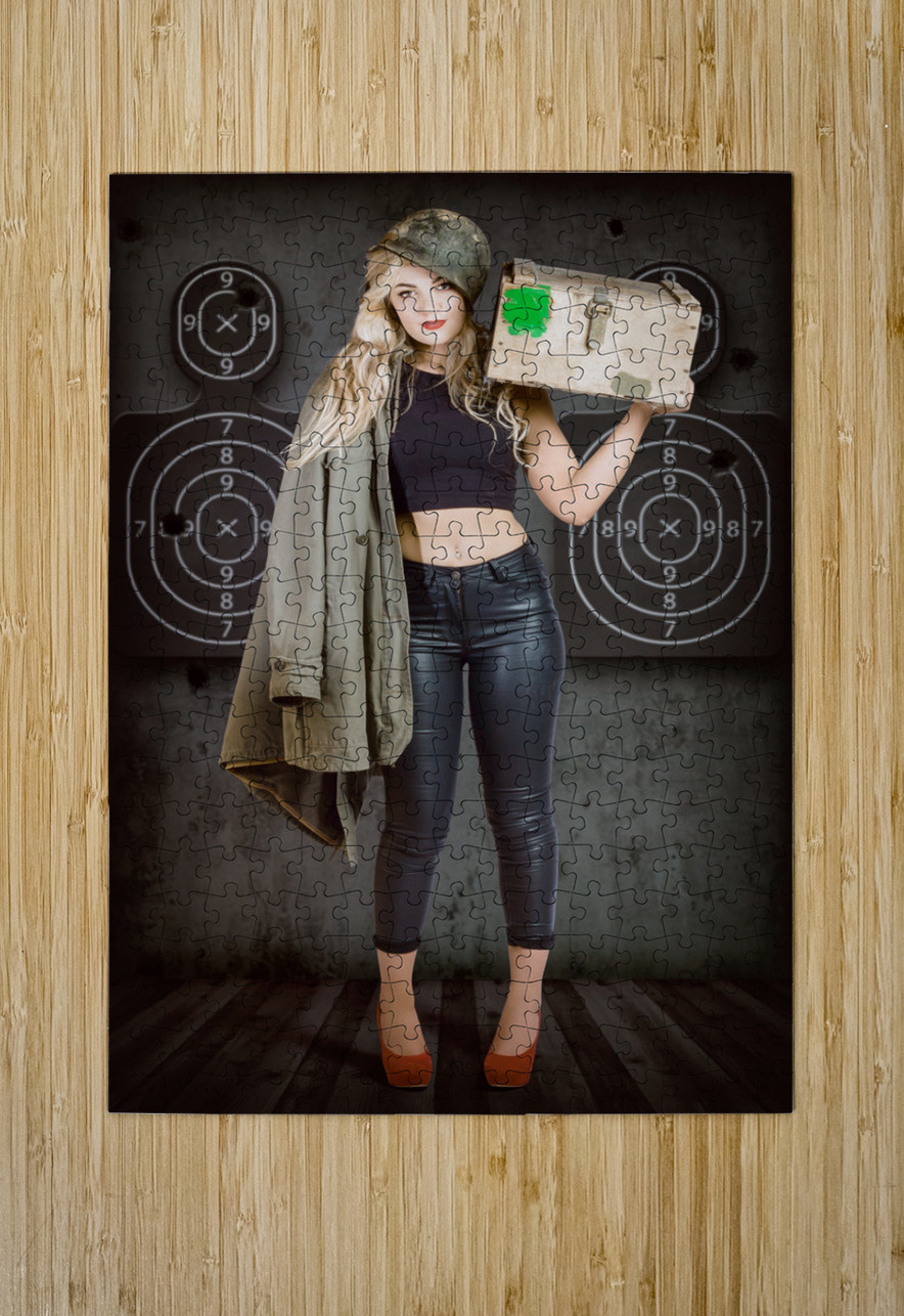 Army pinup girl at rifle range. Bullet proof Jorgo Puzzle printing