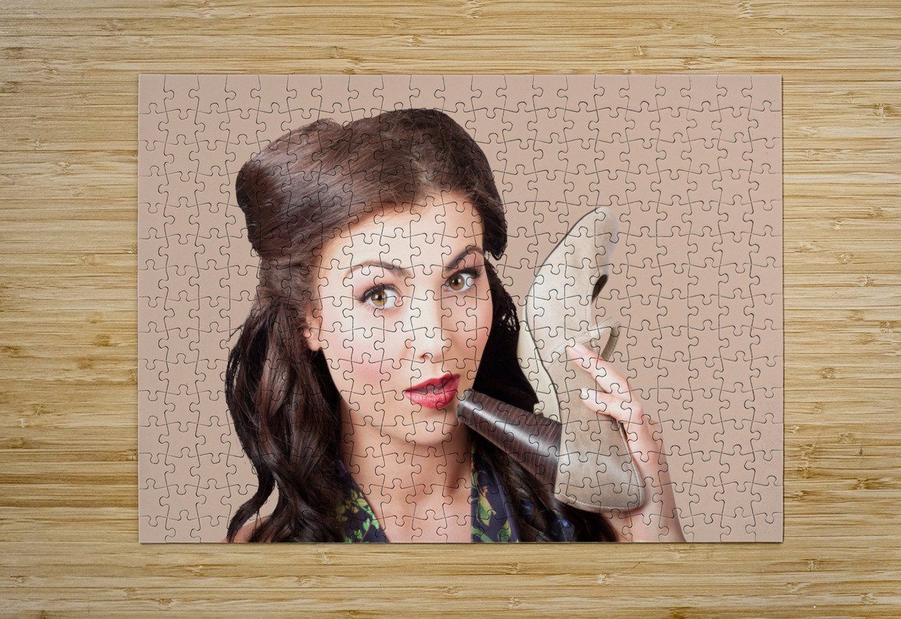 Pinup vintage woman chatting on shoe phone Jorgo Puzzle printing