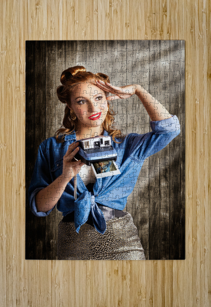 Young Retro Woman Holding Instant Camera Jorgo Puzzle printing