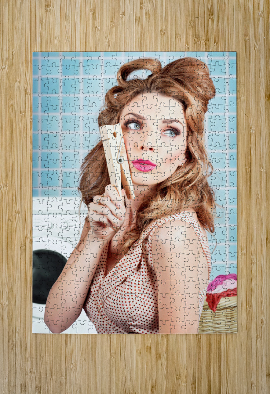 Gorgeous pin-up woman holding large cleaning peg Jorgo Puzzle printing