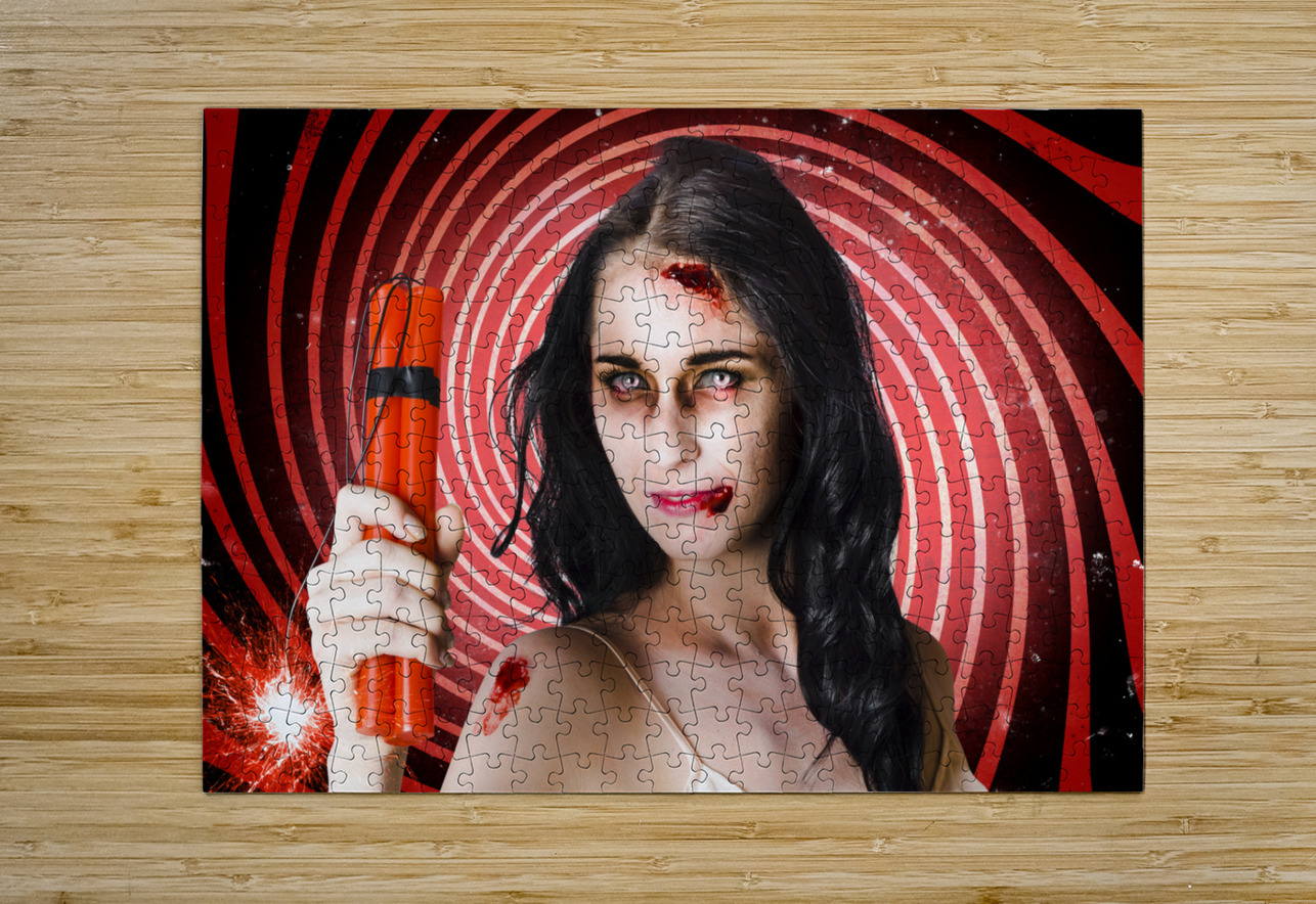 Danger. Zombie holding explosives in a terror act Jorgo Puzzle printing