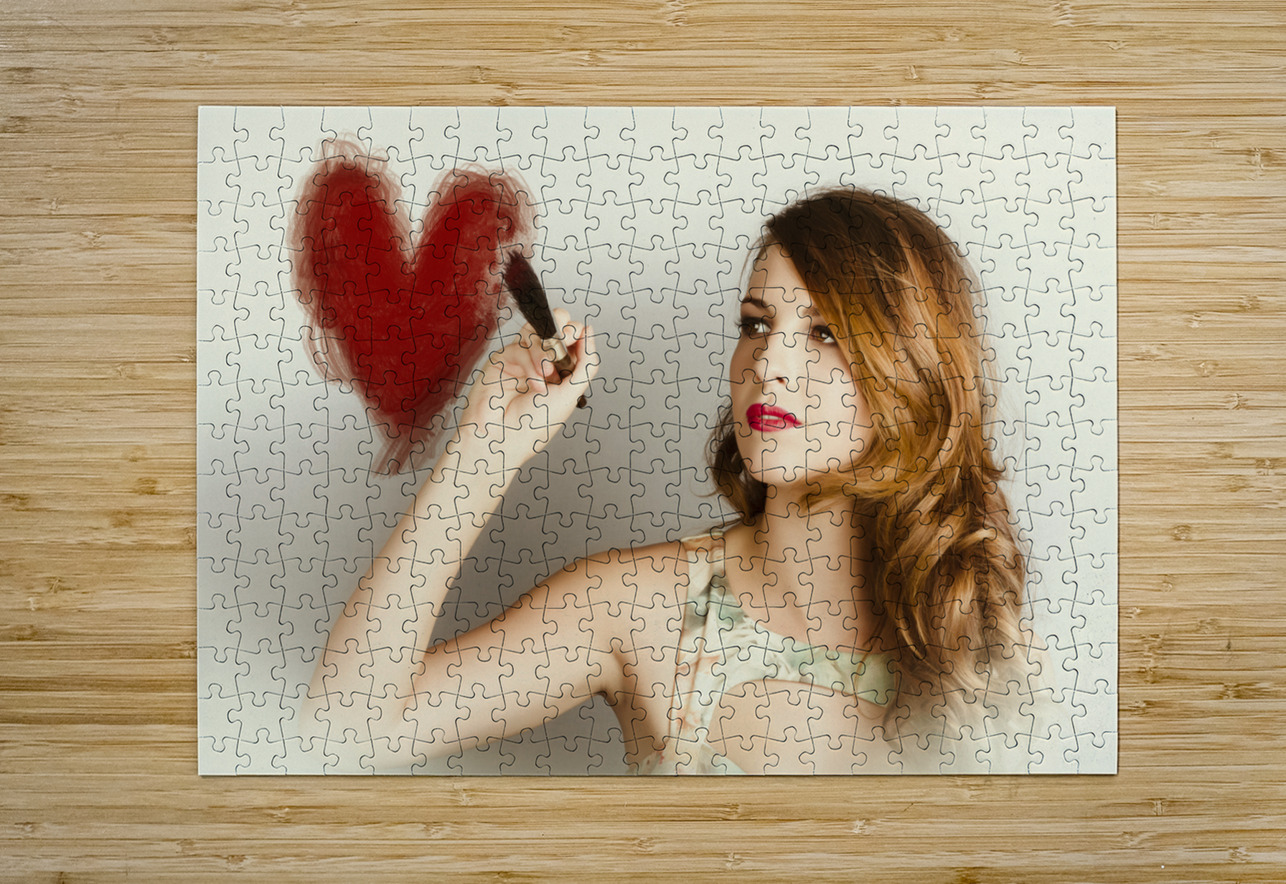 Beautiful retro girl painting red love heart Jorgo Puzzle printing