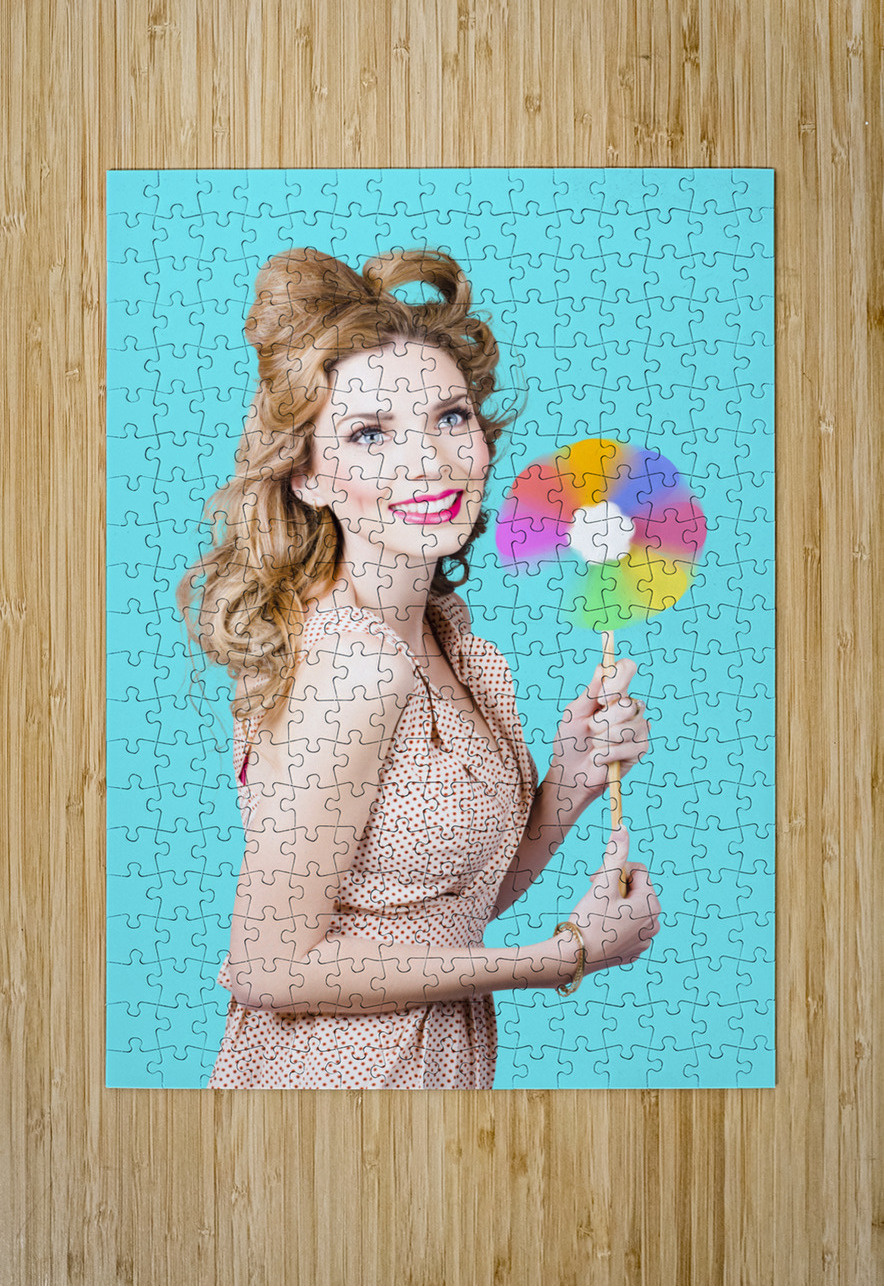 Blonde girl holding windmill fan. Natural energy Jorgo Puzzle printing