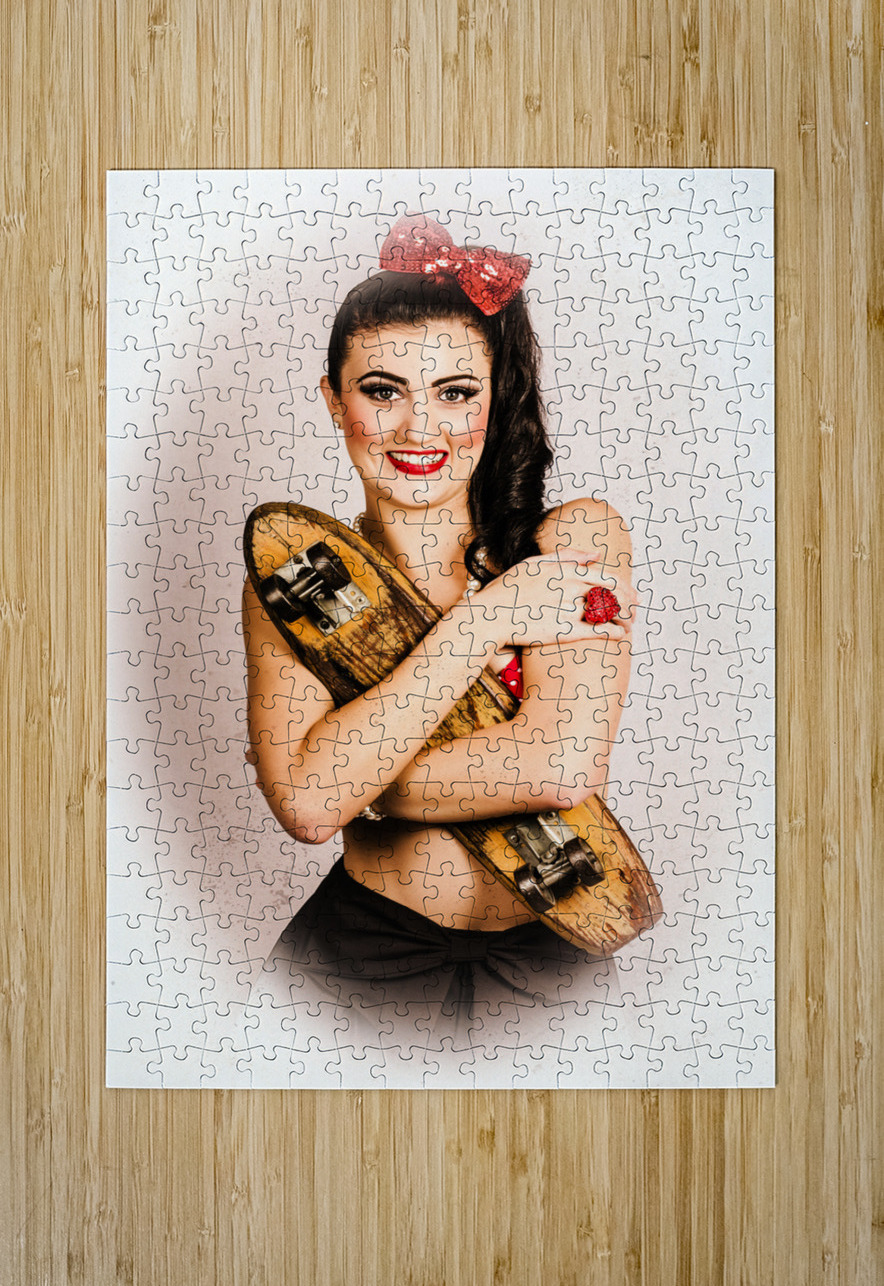 Vintage portrait of a pin-up model with skateboard Jorgo Puzzle printing