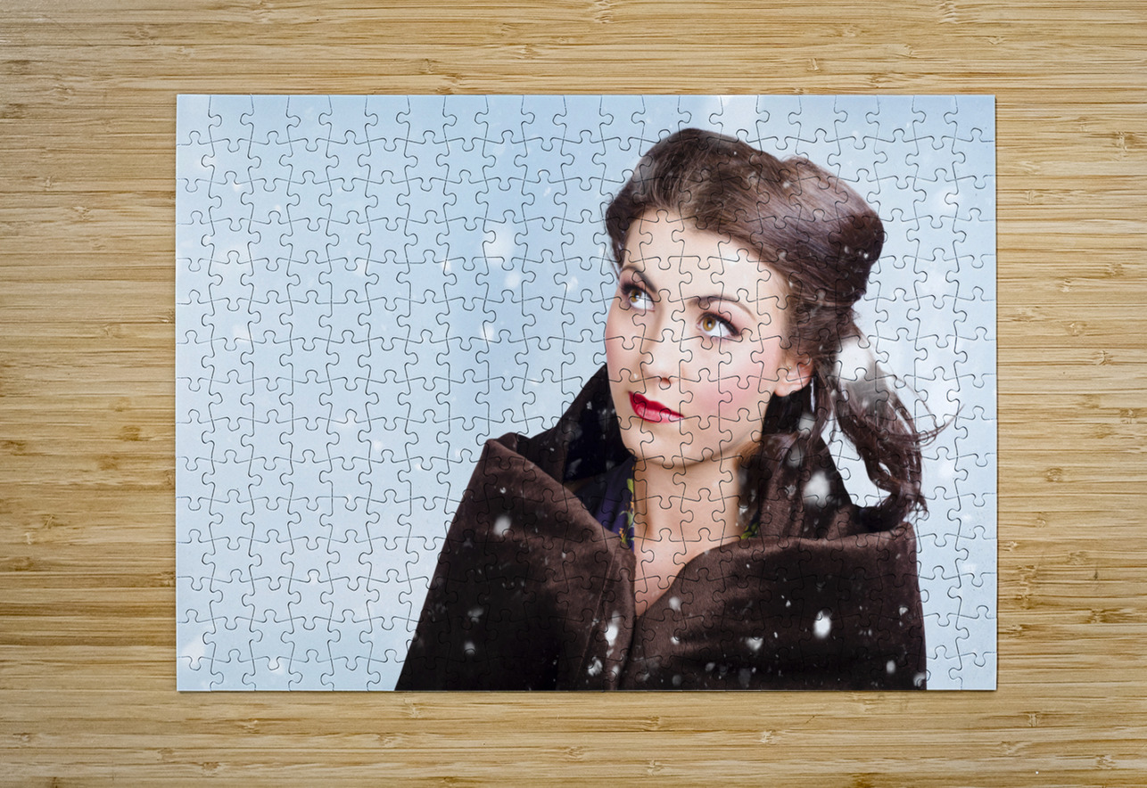 Beautiful brunette woman freezing in outdoor forest Jorgo Puzzle printing