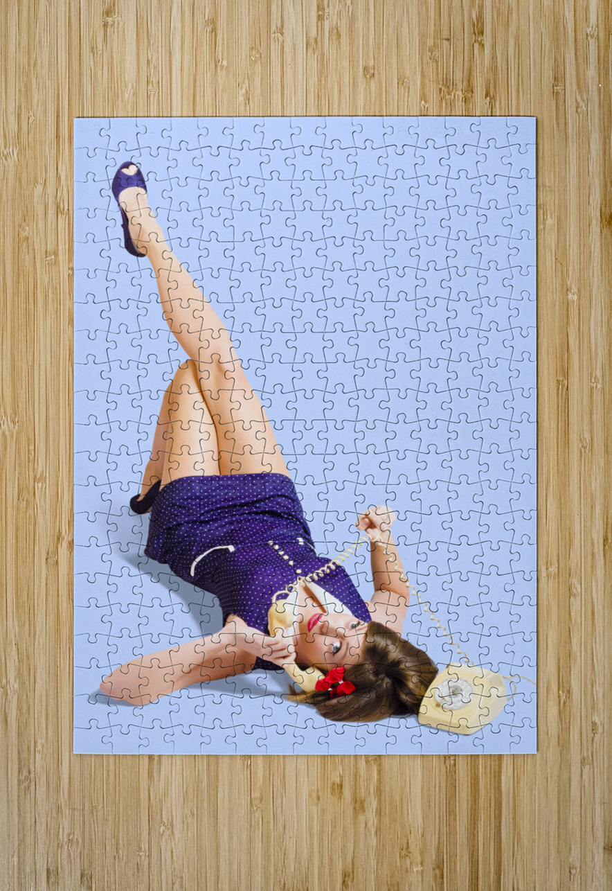 Woman talking on antique landline phone on white Jorgo Puzzle printing