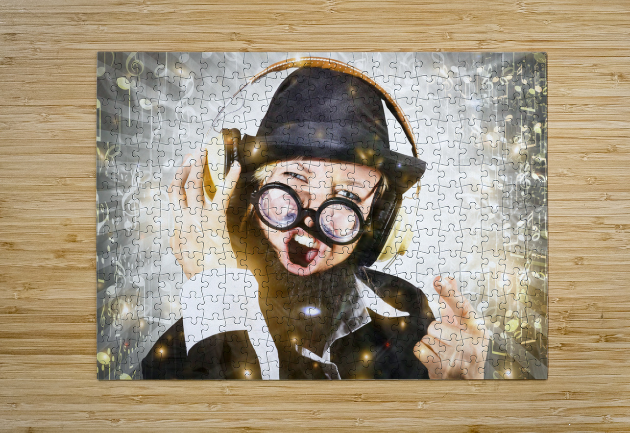 Rock man with beard listens to music on earphones Jorgo Puzzle printing