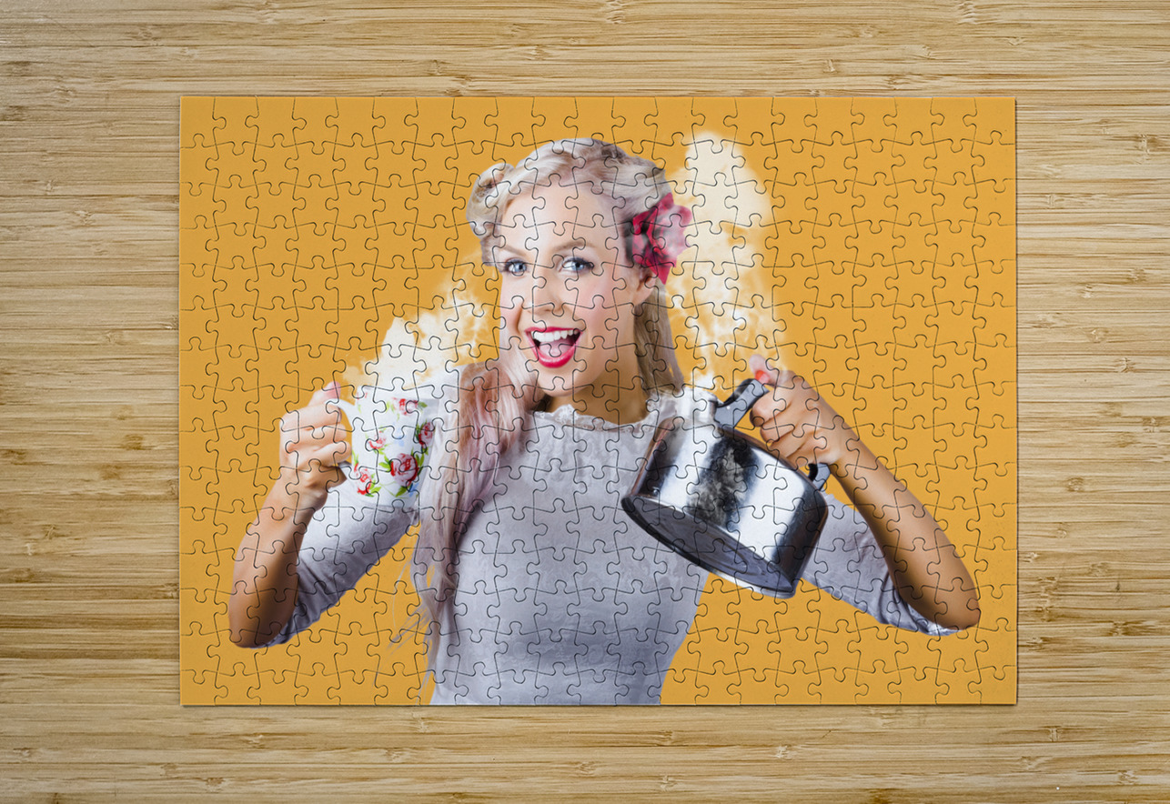 Pinup girl holding kettle and mug Jorgo Puzzle printing