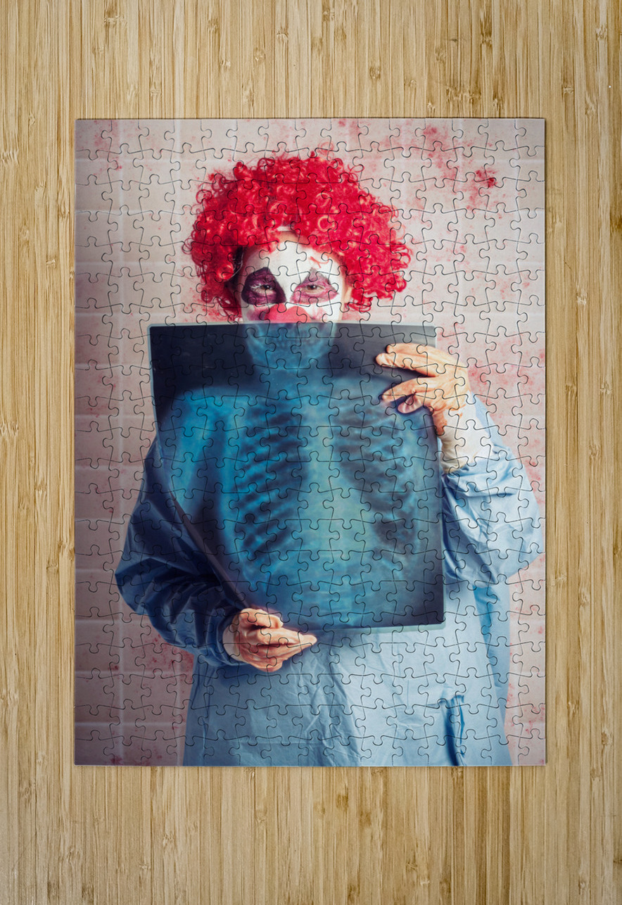Scary clown peeking behind x-ray. Funny bones Jorgo Puzzle printing