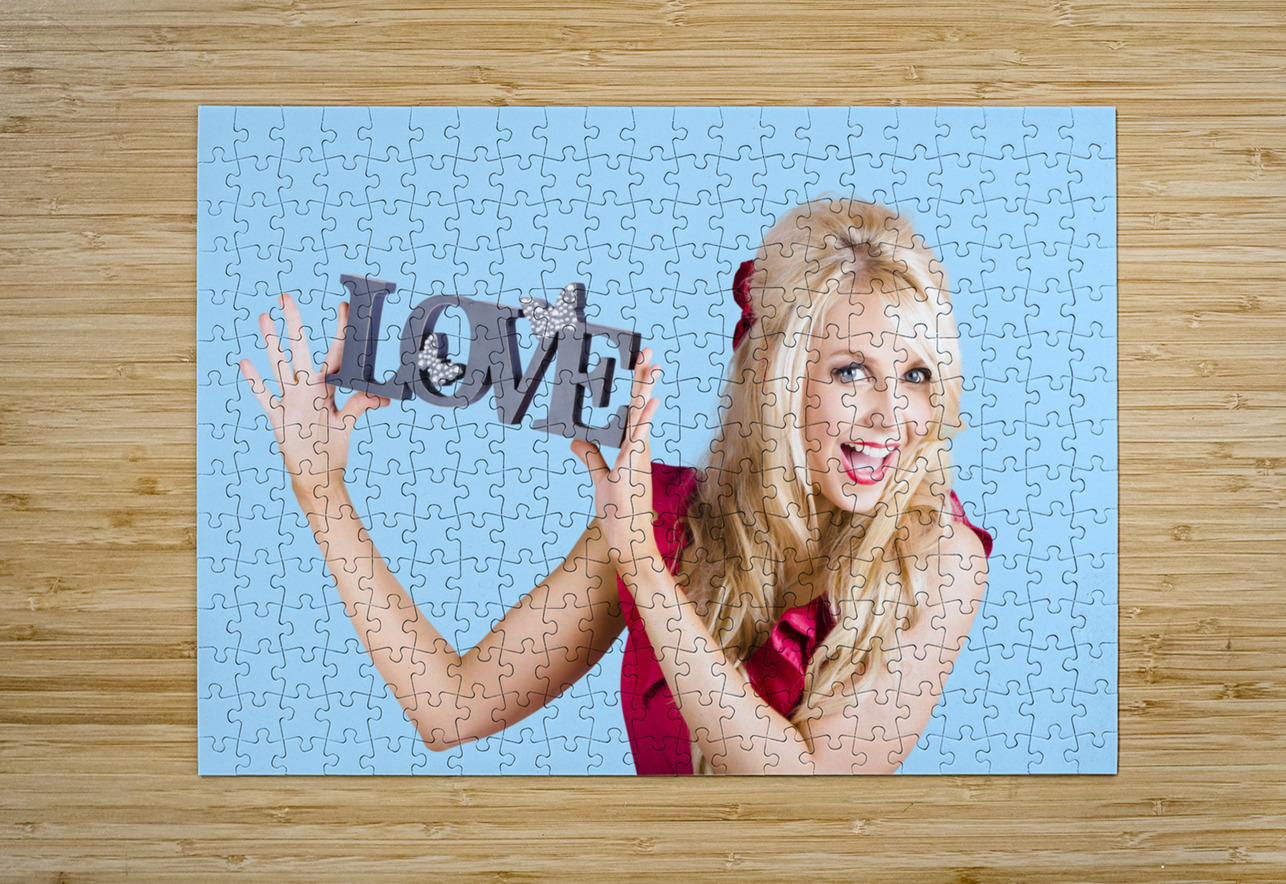 Fun blonde woman with love word sign Jorgo Puzzle printing
